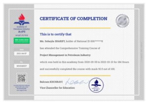 نمونه گواهینامه پایان دوره آموزش جامع مدیریت پروژه در صنعت نفت انگلیسی